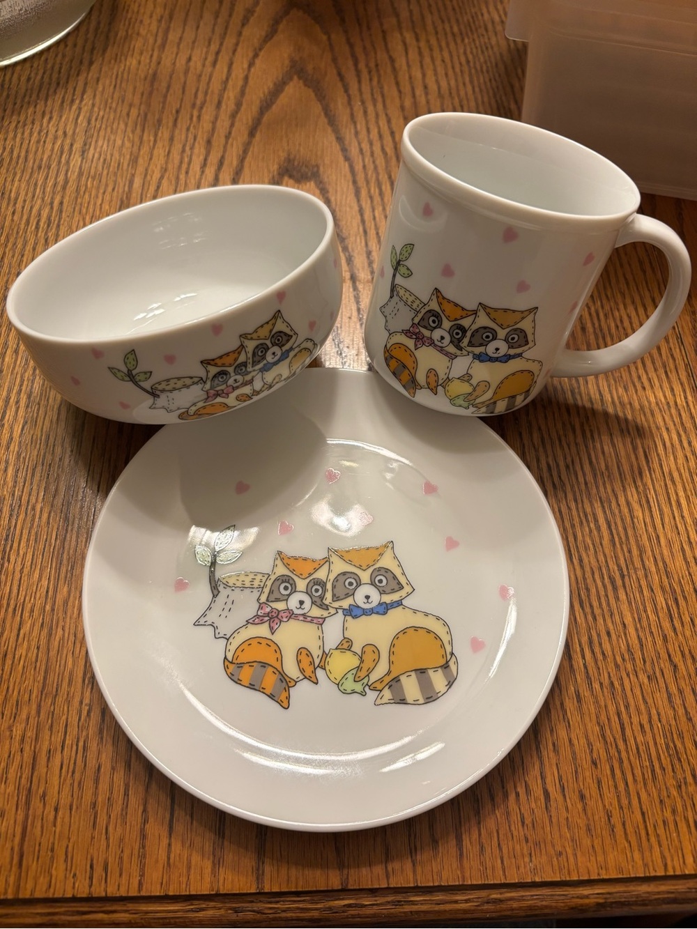 Kohzan Trio, Ceramic Child’s Dish Set - Mug, Bowl, Plate with adorable raccoons.